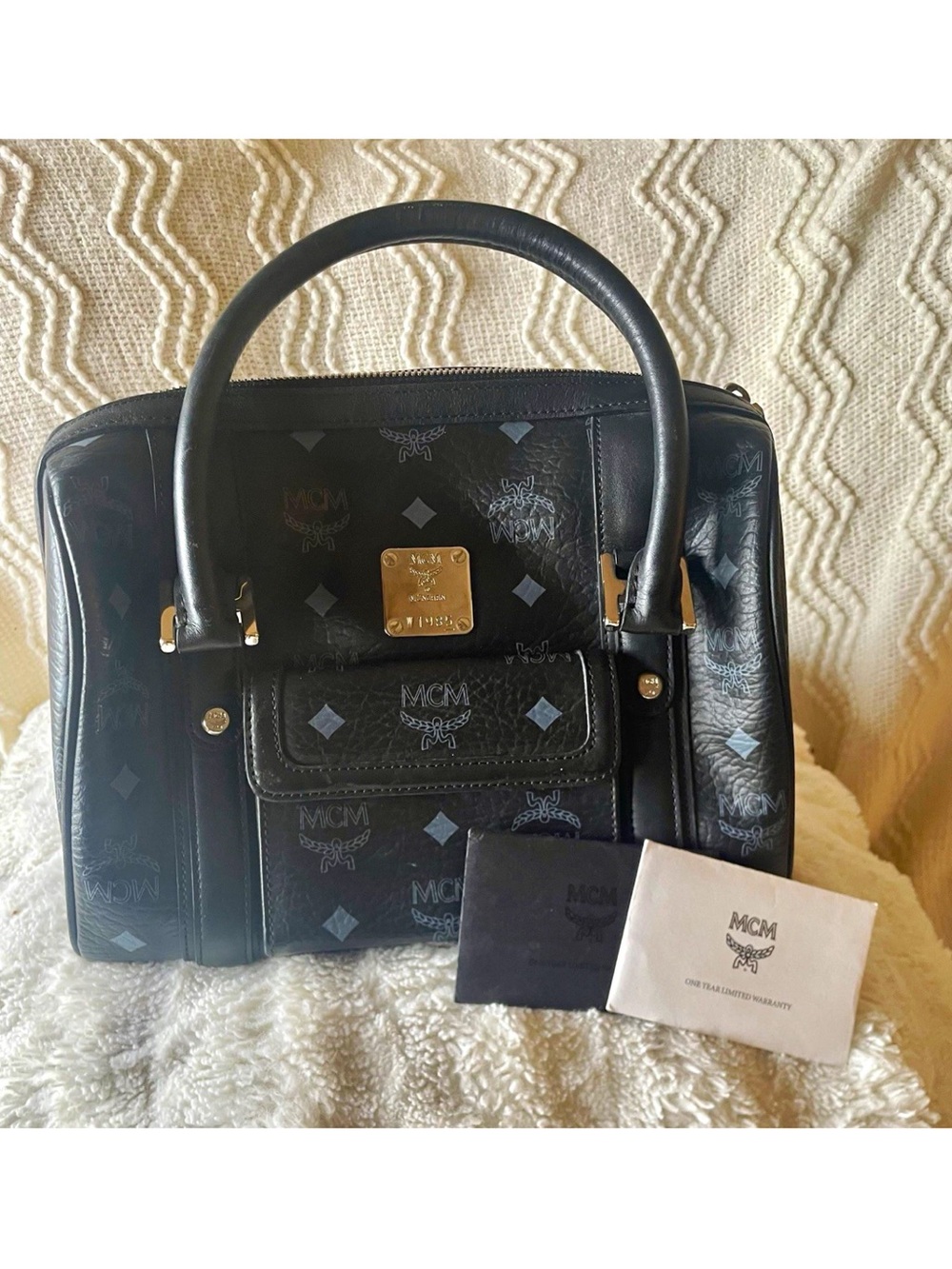 MCM Black Visetos Logo Top-Handle Satchel with Gold Hardware